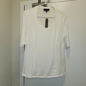 Premise Woman White Stretch Knit Top Size L – Unique Square V-Neck, Elbow Sleeve